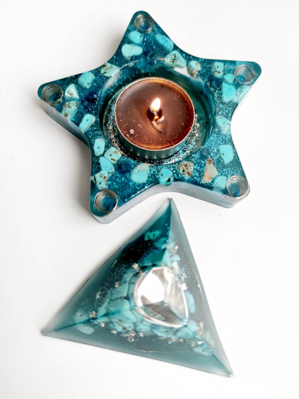 Orgonite candle holder and pyramid with turquoise for luck and abundance - "Gift from Fate" XXL
