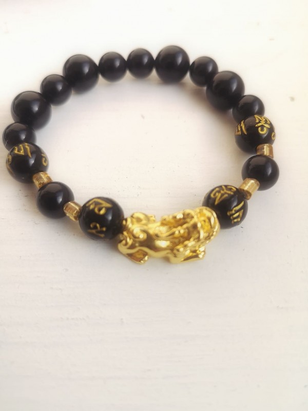 Armband voor het aantrekken van geluk en geld met oud Chinees symbool Pi Xiu en Onyx