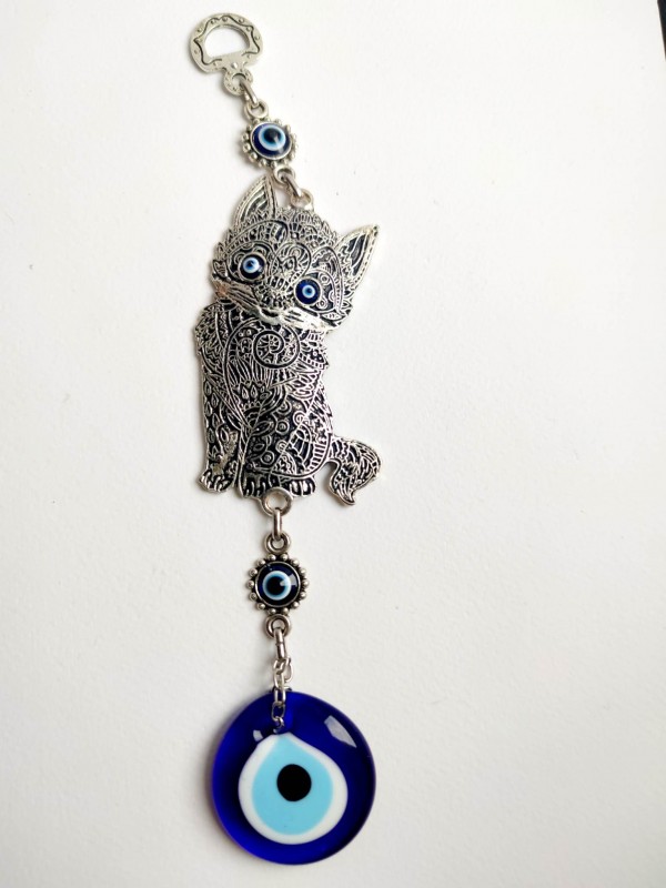 Magical protection charm for home with hand-made glass Evil eye Nazar and cat