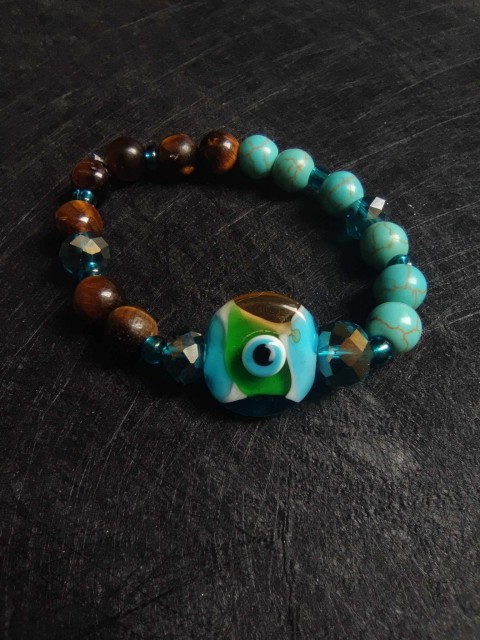 Charm bracelet for happiness and protection from bad energy with Evil Eye Nazar, turquoise and tigers eye