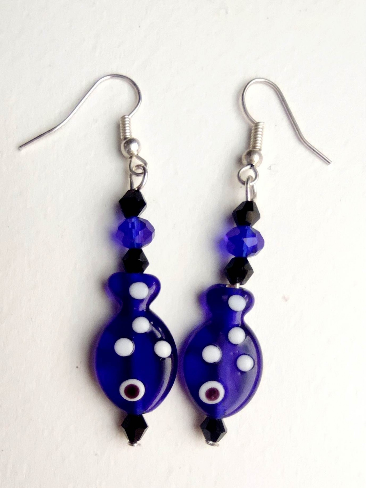 Hand-made magical earrings with glass and crystals for attracting money and wealth - "Blue Fish"