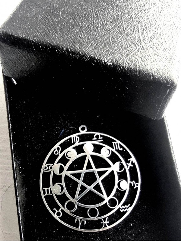 Magical pentacle pendant necklace with moon phases and zodiac signs