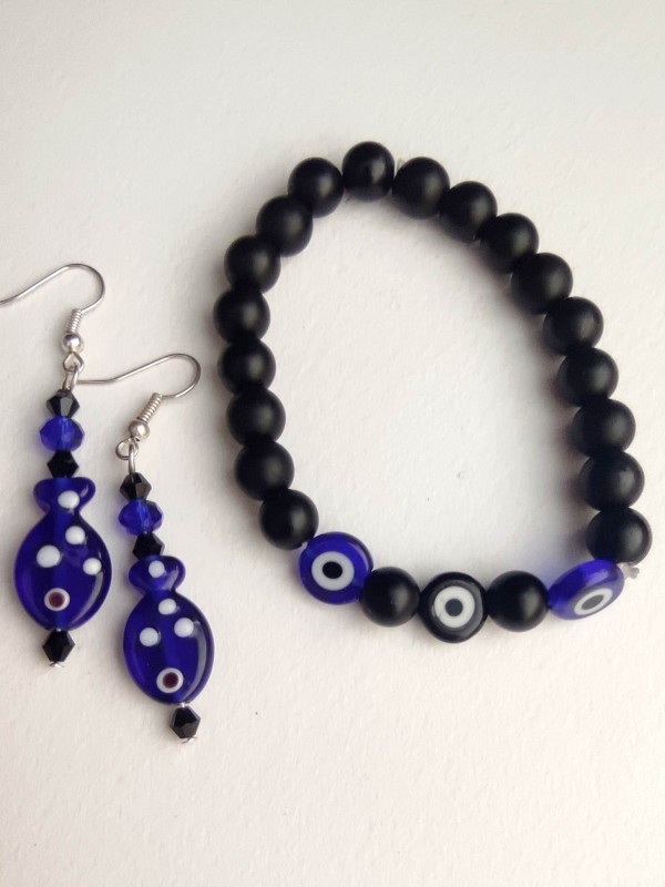 Bracelet and earrings set for protection from bad energy and attrating money - Nazar and Blue Fish